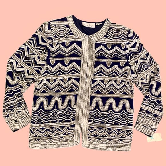 VINTAGE Laurence Kazan Navy Beaded SILK Jacket Blazer Size Small NWT - Picture 1 of 7